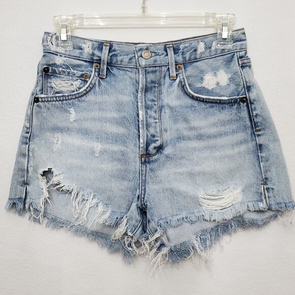 AGOLDE Jaden High Rise Button Fly Cut Off Distressed Denim Shorts Size 25 - Picture 2 of 14